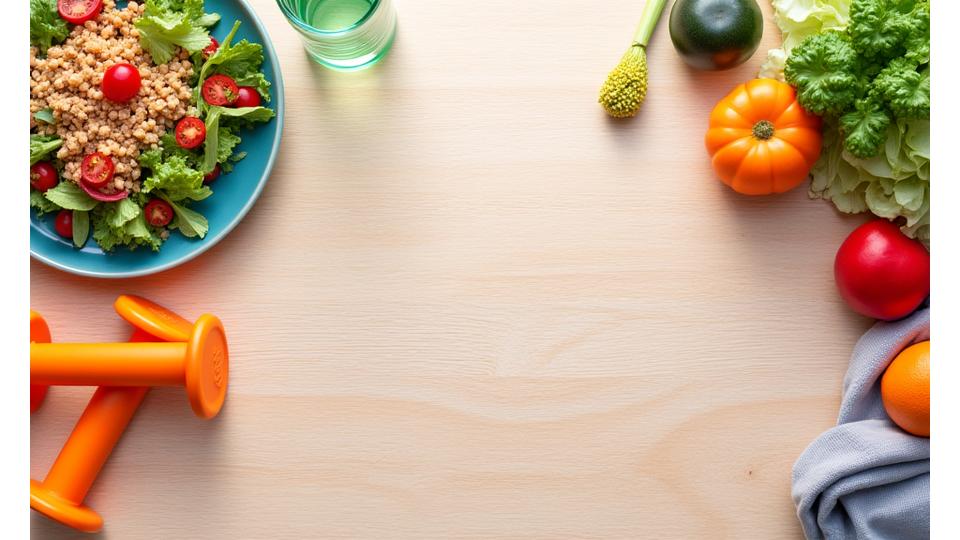 A vibrant flat lay of healthy foods like fresh produce, whole grains, and lean protein alongside small weights and a yoga mat, symbolizing a balanced longevity lifestyle