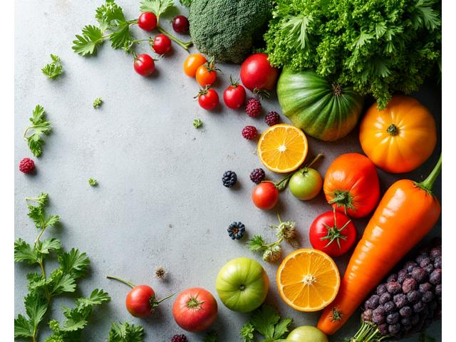 Fresh, colorful fruits and vegetables arranged artfully, symbolizing nutritional guidance