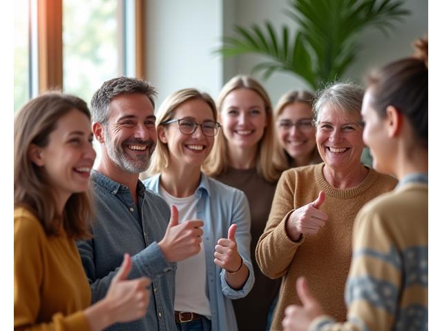 Group of diverse people giving thumbs up and smiling, representing community satisfaction.