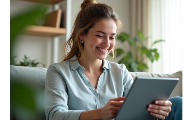 A woman in her late 30s actively engaged in a virtual consultation on a tablet, smiling and taking notes, with a plant in the background, conveying comfort and engagement.